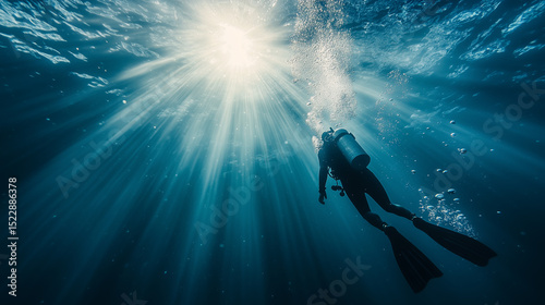 Wallpaper Mural A man is diving underwater with a scuba tank. The sunlight is shining on him, creating a beautiful and serene atmosphere Torontodigital.ca
