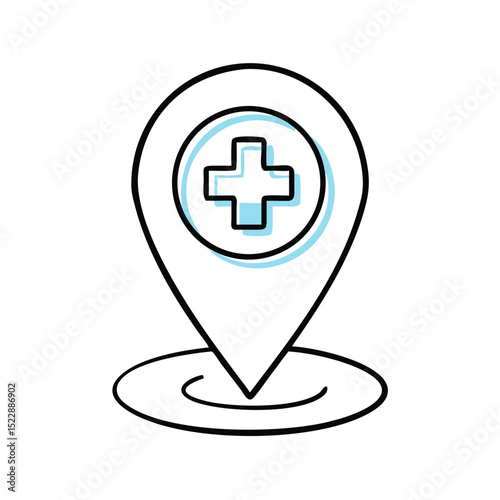 Location marker with medical symbol in minimalist outline design  