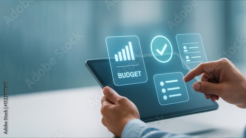 Hand holding tablet with floating procurement icons, interacting with digital tools for procurement management, supply chain, procure protect