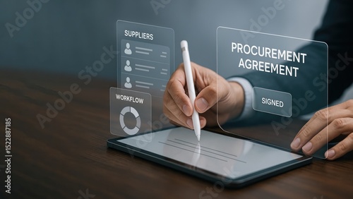 Hand pointing on tablet with pen and floating procurement icons, reviewing procurement data for supply chain control, procurement management, supply chain, procure protect