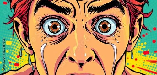 Wide-eyed, panicked face in vibrant pop art comic style, sweat dripping,  terrified expression,   horror,   illustration