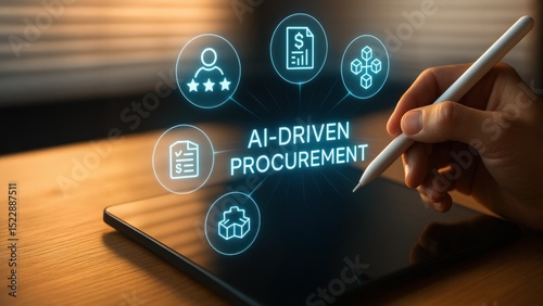 Hand holding digital pen above glossy black tablet screen with procurement management icons, interacting with supply chain data, procurement management, supply chain, procure protect