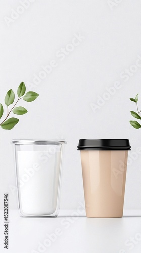 Yogurt Cup Mockup with Foil Lid and Green Leaves
