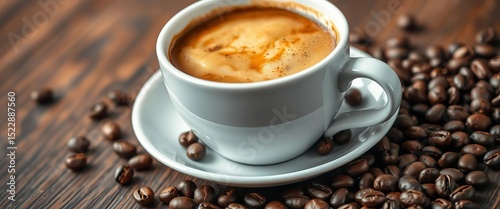 White cup, hot lungo coffee, roasted beans scattered on dark wood table,  aroma,  wood