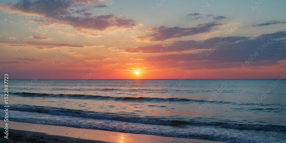 Fototapeta premium Sunset on the sea beach under a beautiful sky with empty space for text.