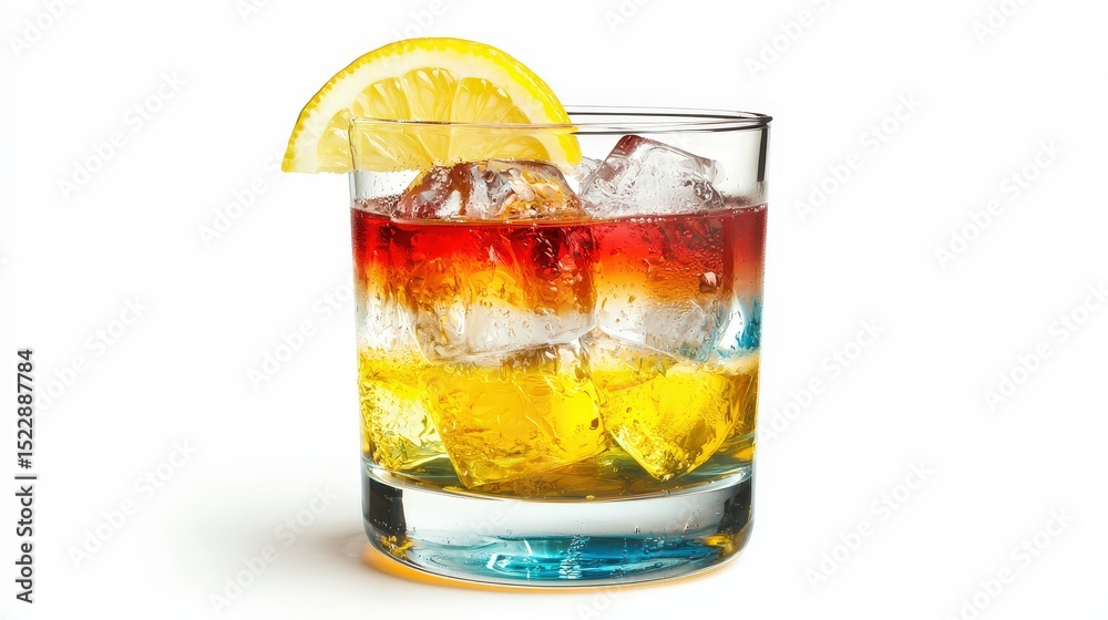 Layered cocktail with ice and lemon wedge garnish Layered cocktail with ice and lemon wedge garnish