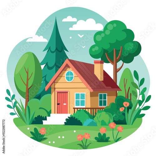 Charming House Illustration with Lush Greenery, Red Roof, and Round Window Details
