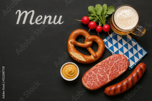 Grilled sausage pretzel raw steak beer mustard and radishes on a black background with blue napkin and the word menu above photo