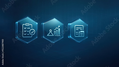 Procurement platform interface with glassy 3D hexagons floating mid air, showing supply chain tasks, procurement management, supply chain, procure protect