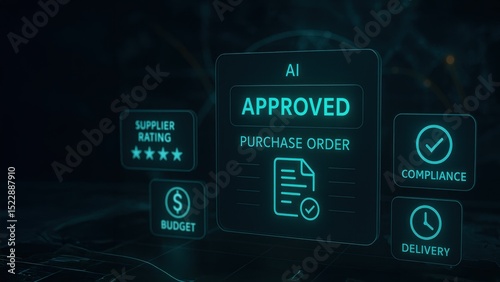Holographic procurement approval module on futuristic transparent touchscreen, managing procurement steps, procurement management, supply chain, procure protect