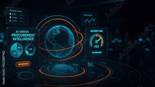 Meter showing delivery time deviations with multiple panels floating around central globe, tracking supply chain delays, procurement management, supply chain, procure protect