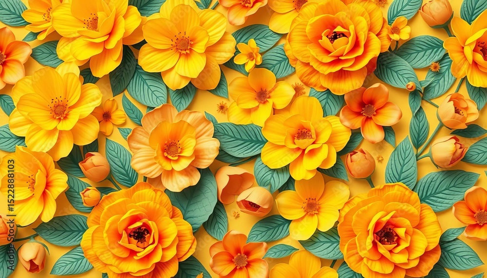 Fototapeta premium Vibrant yellow & peach floral pattern, teal leaves Cheerful spring/summer design, nature, artwork