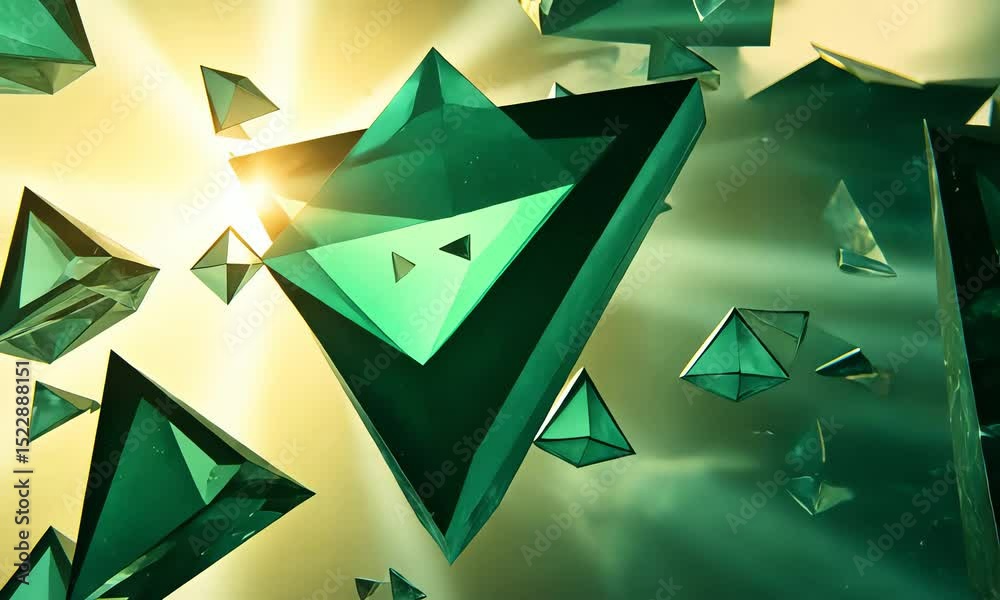 Emerald triangular crystals fragmenting.