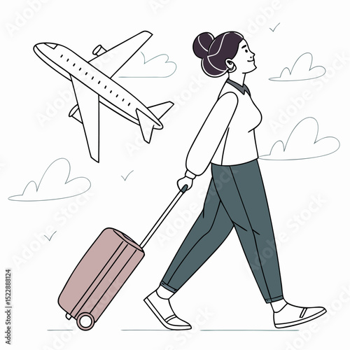 Embark on Adventure: A traveler's journey starts with a suitcase as she steps towards the skies with the airplane flying above.
