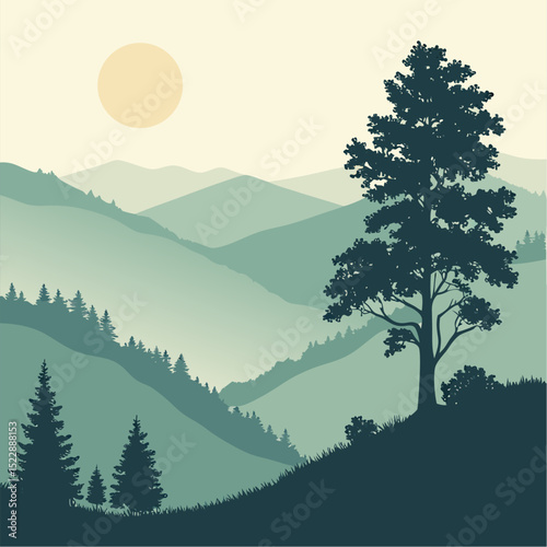 Tranquil Mountain Vista: A serene landscape of rolling hills, enveloped in a misty, cool hue, evokes a sense of peace and escape, with silhouetted trees adding to the tranquil beauty.