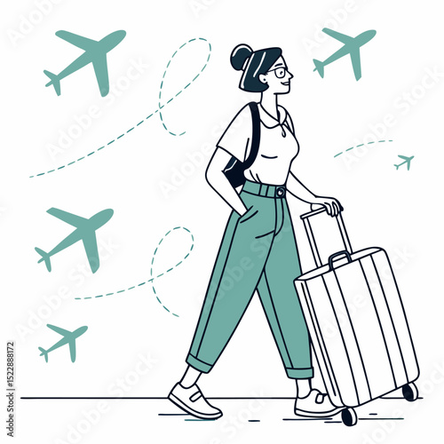 Woman Traveling: A stylish woman with a backpack and wheeled suitcase strides confidently, surrounded by airplanes and contrails, symbolizing the excitement of travel.