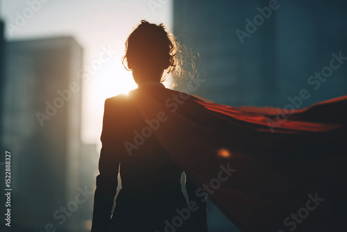 Businesswoman superhero at sunset