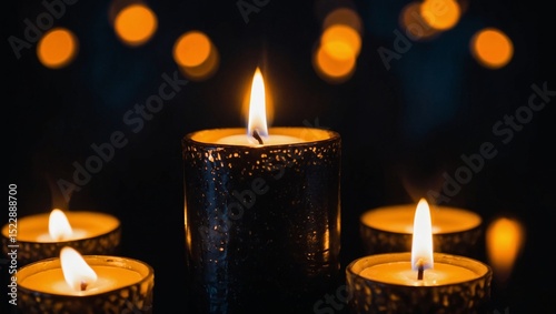 Brightly burning candles against a black background, with abstract glowing light creating a serene nighttime atmosphere.
