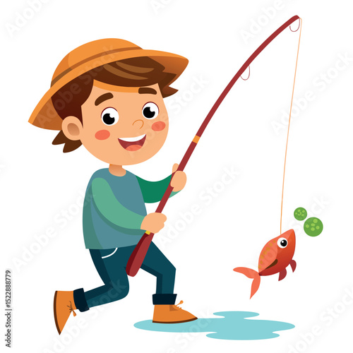 Cheerful Boy Fishing Cartoon Catching a Fish with Bubbles Animation Style