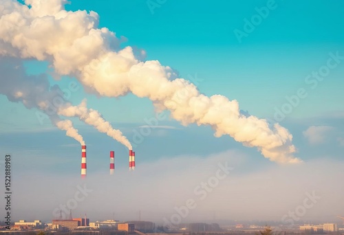 Smog over industrial area, power plant chimneys emitting pollution,  industrial,  air quality
