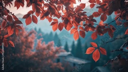 A beautiful view of leaves in fall with vibrant red colors. Nature scenery and seasonal changes. The image of foliage and autumn landscape.