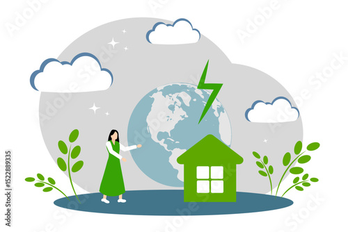 The concept of green energy, environmental conservation, environmental problems and ecological construction. Planet Earth and Home