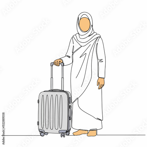 Muslim Woman Pilgrimage with Suitcase Ready for Hajj Journey
