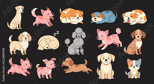 Adorable Pixel Art Dog Breed Collection on Dark Background