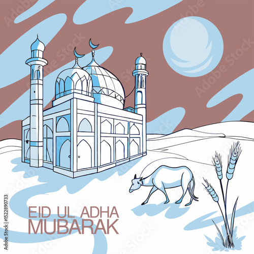 a mosque with red sky and a new moon in ground a cow.eps