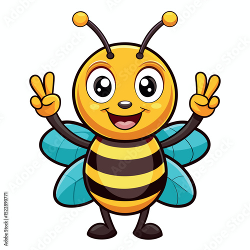 Cheerful Cartoon Bee Character with Victory Sign, Striped Body, and Teal Wings