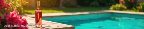 A chilled bottle of ros? wine sits beside a sun-drenched swimming pool, surrounded by lush greenery and vibrant summer flowers Perfect for summer holidays and relaxation , outside, landscape