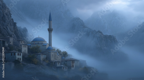 Prayer call echoing through a foggy mountain village