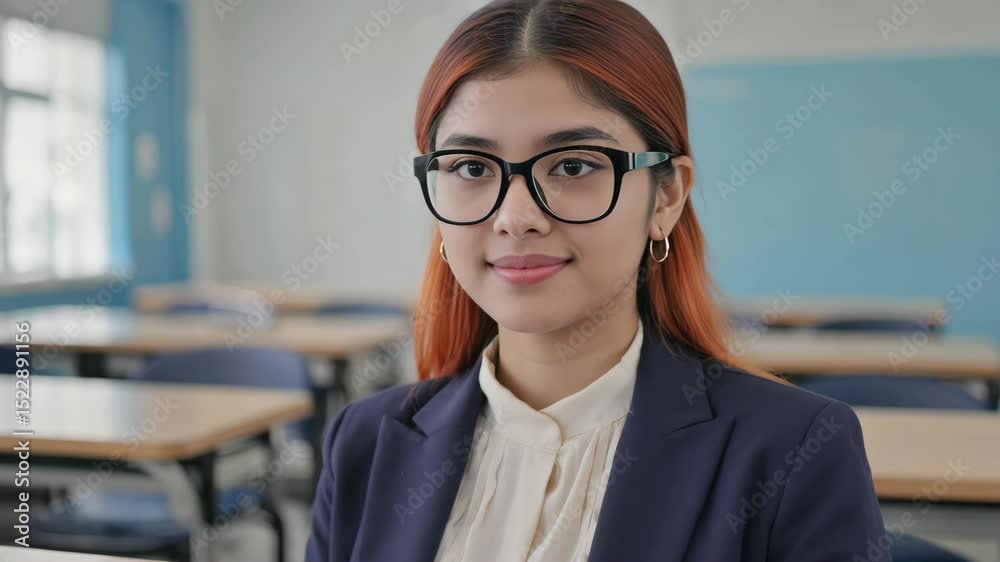 A female educator with glasses, red hair and a professional smile posing in front of classrooms. A female educator with glasses, red hair and a professional smile posing in front of classrooms.