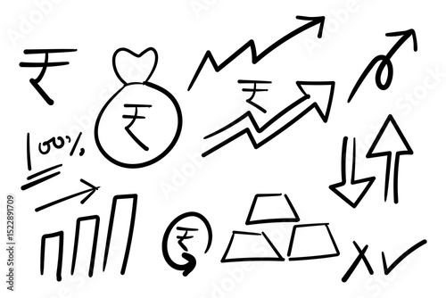 Hand Drawn Indian Rupee Symbol, Arrows, Money Bag, Gold Bar, and Financial Icons, Doodle Style Finance Elements for Economy, Investment, or Business Concepts