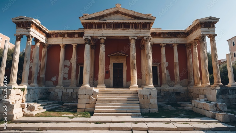 Fototapeta premium Academy Of Athens with empty copy space for text. Classic ancient Greek architecture with columns and stairs, suitable for educational, historical, or cultural themes.