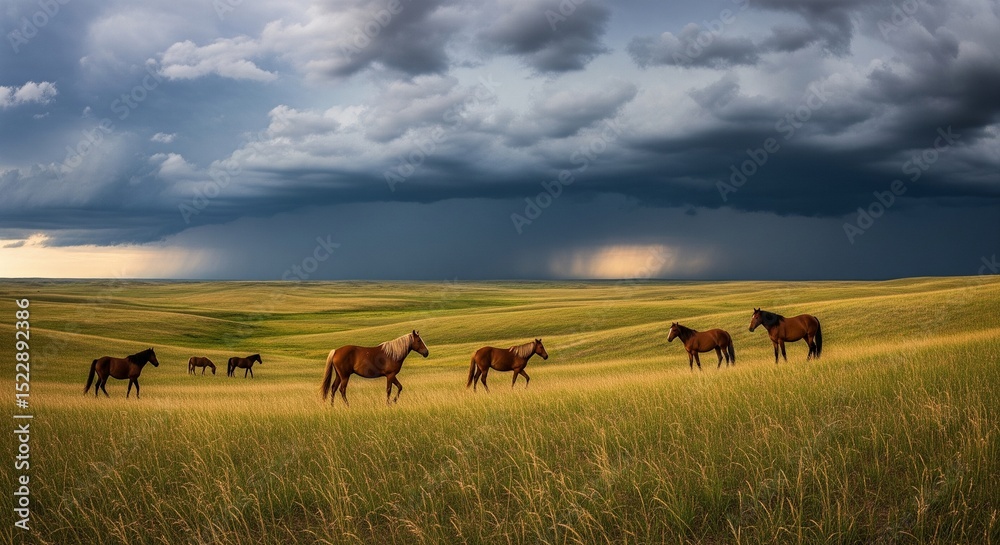 Wild Horses Roaming Vast Prairie Underneath Dramatic Stormy Sky Wild Horses Roaming Vast Prairie Underneath Dramatic Stormy Sky