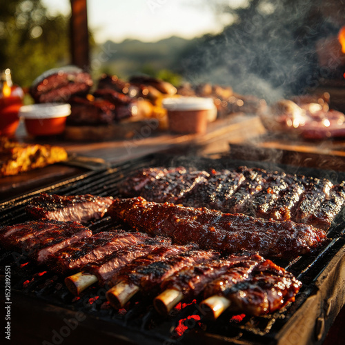 Grilled meat and chicken cooking on a barbecue grill outdoors photo