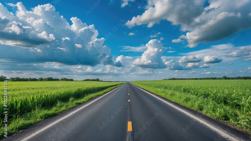 Fototapeta premium Asphalt road through the green field and clouds on blue sky in summer day with empty copy space for text