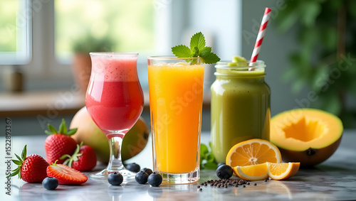 Fresh fruit smoothies in various vibrant colors