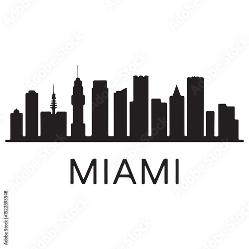 Vector Miami skyline. Travel Miami famous landmarks. Business and tourism concept for presentation, banner, web site. Vector black silhouette. with white background