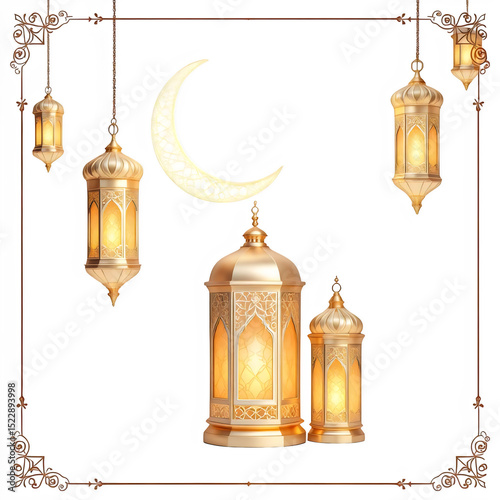 Golden lanterns and a crescent moon, isolated on transparent background, evoke a warm ramadan atmosphere