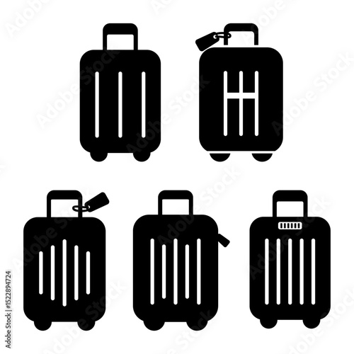 Set of black travel luggage icons in minimalist style, showing various suitcase designs with handles and wheels. Ideal for travel, packing, or airport themes.