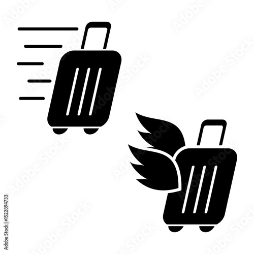 Black icon set of rolling suitcases with speed lines and wings, symbolizing fast or express travel, delivery, and mobility. Minimalist vector style.