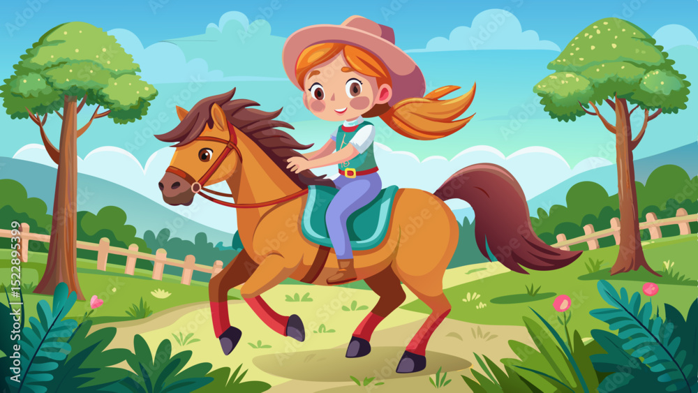 Obraz premium Smiling girl in cowboy hat riding a horse on a sunny countryside path with green trees and hills in the background