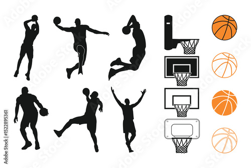 Dynamic Basketball Player Silhouettes with Basketballs and Hoops - Modern Sports Illustration for Action-Packed Posters, T-Shirt Prints, and Digital Projects