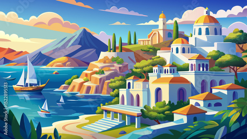 Picturesque coastal village with domed Mediterranean buildings, sailboats on blue sea and mountain backdrop at sunset
