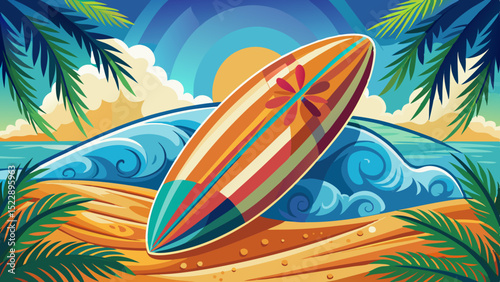 Colorful surfboard resting on sandy beach with blue waves, palm leaves and bright sun in tropical seascape