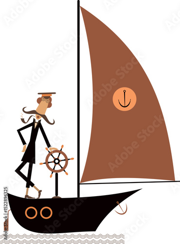 Brave captain sails of the yacht. Sailing boat. 
Funny brave captain sails the yacht and smokes a pipe
