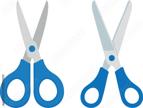 blue stationery scissors open and closed isolated on white background.
