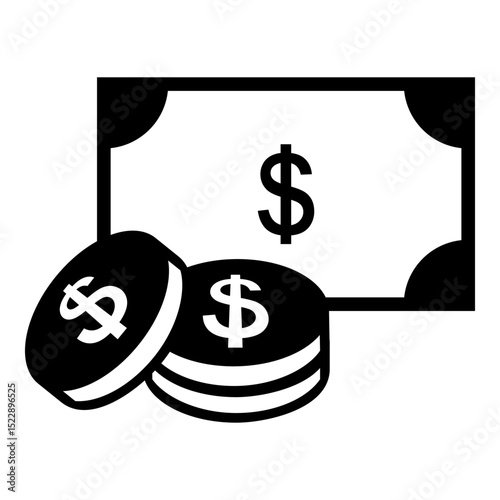 Black and white icon showing a dollar bill and stacked coins, representing money, currency, savings, or financial value.